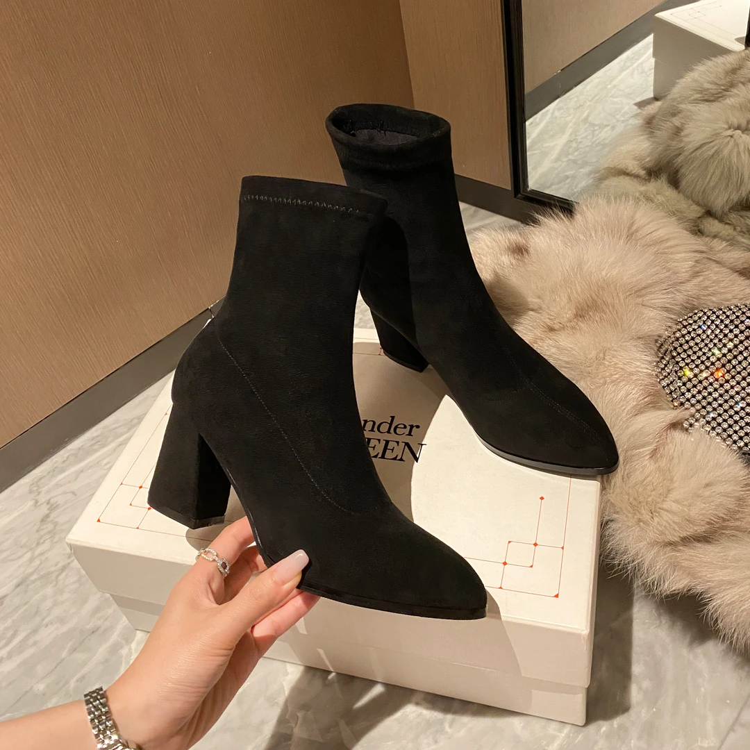 34~40码跟高5/7厘米2025秋冬新款粗跟短靴显瘦显高百搭高跟瘦瘦靴