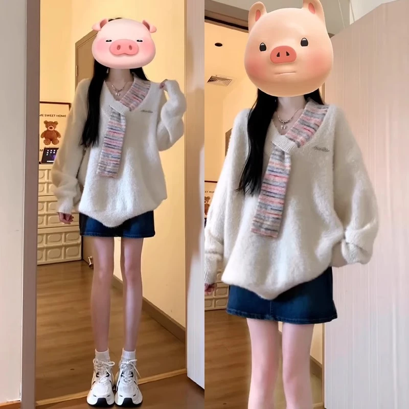 日系洋气针织衫拼接加绒毛衣女秋冬新款V领宽松百搭温柔甜美上衣