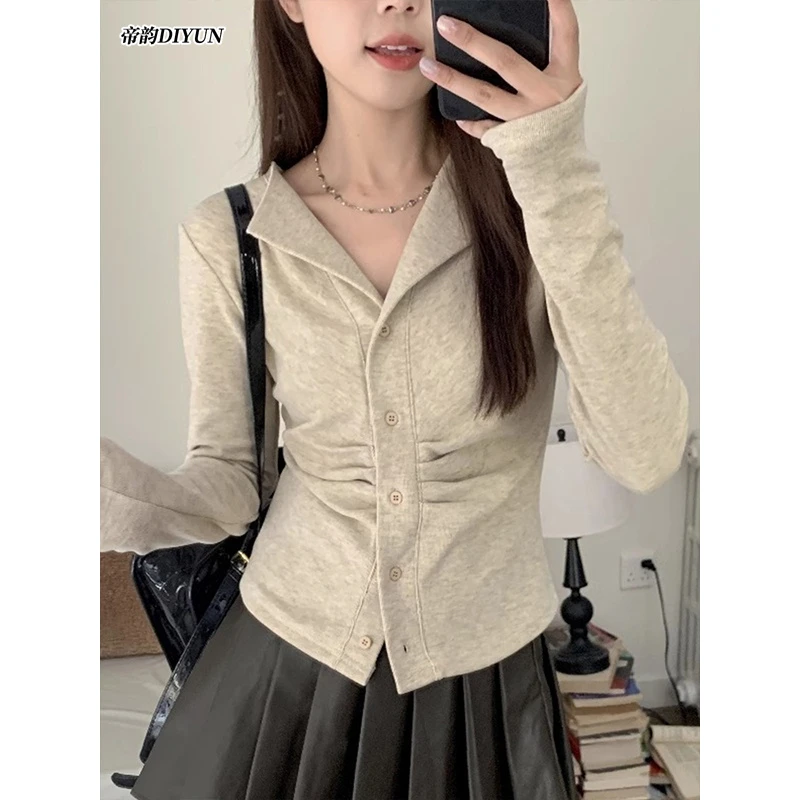 不规则polo领褶皱上衣女春秋新款正肩修身显瘦外穿打底衫长袖T恤