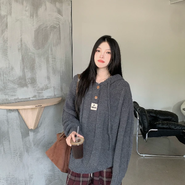 【帝韵】慵懒风连帽针织毛衣女2024秋冬新款百搭宽松显瘦韩版上衣潮
