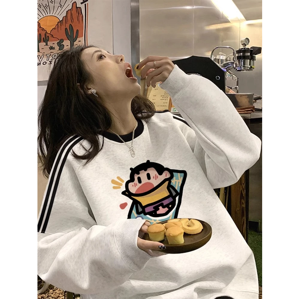 美式复古字母印花卫衣女秋冬潮牌宽松三条杆套头休闲百搭圆领上衣