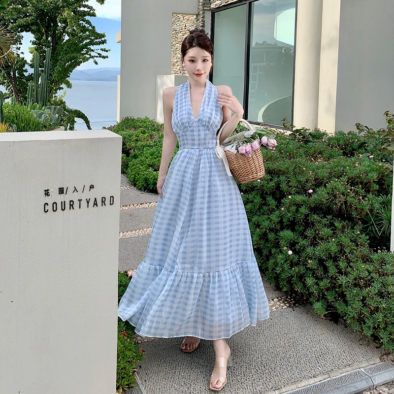 度假裙雪纺V领吊带挂脖连衣裙夏长款格子长裙法式仙女长裙收腰 女