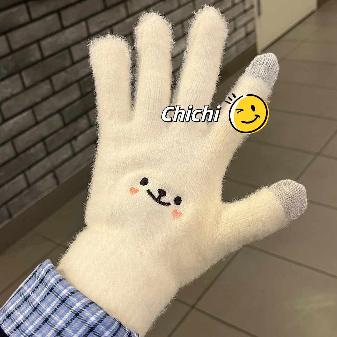 可爱甜美笑脸冬季可触屏保暖加绒加厚防风手套纯色户外骑车日用