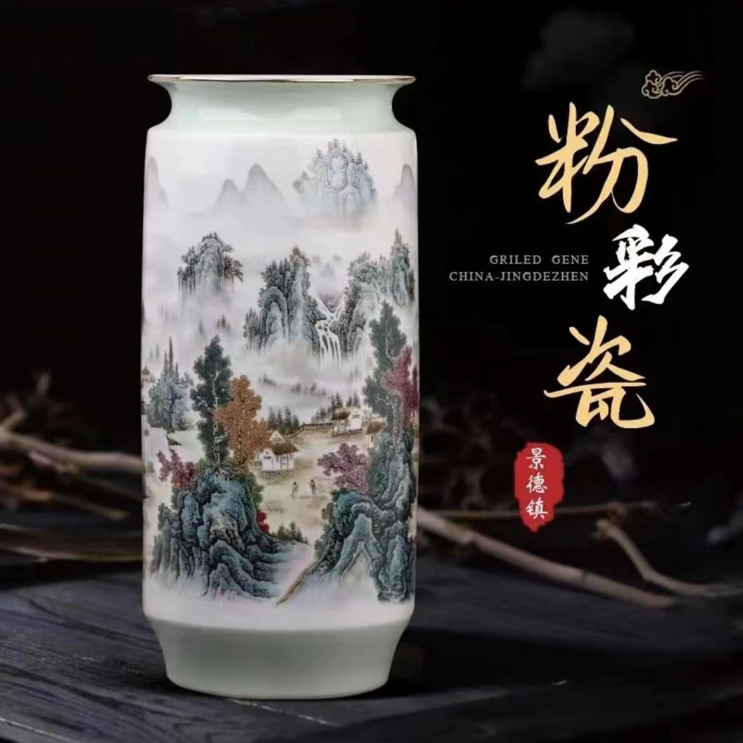 江南风光陶瓷直筒瓶