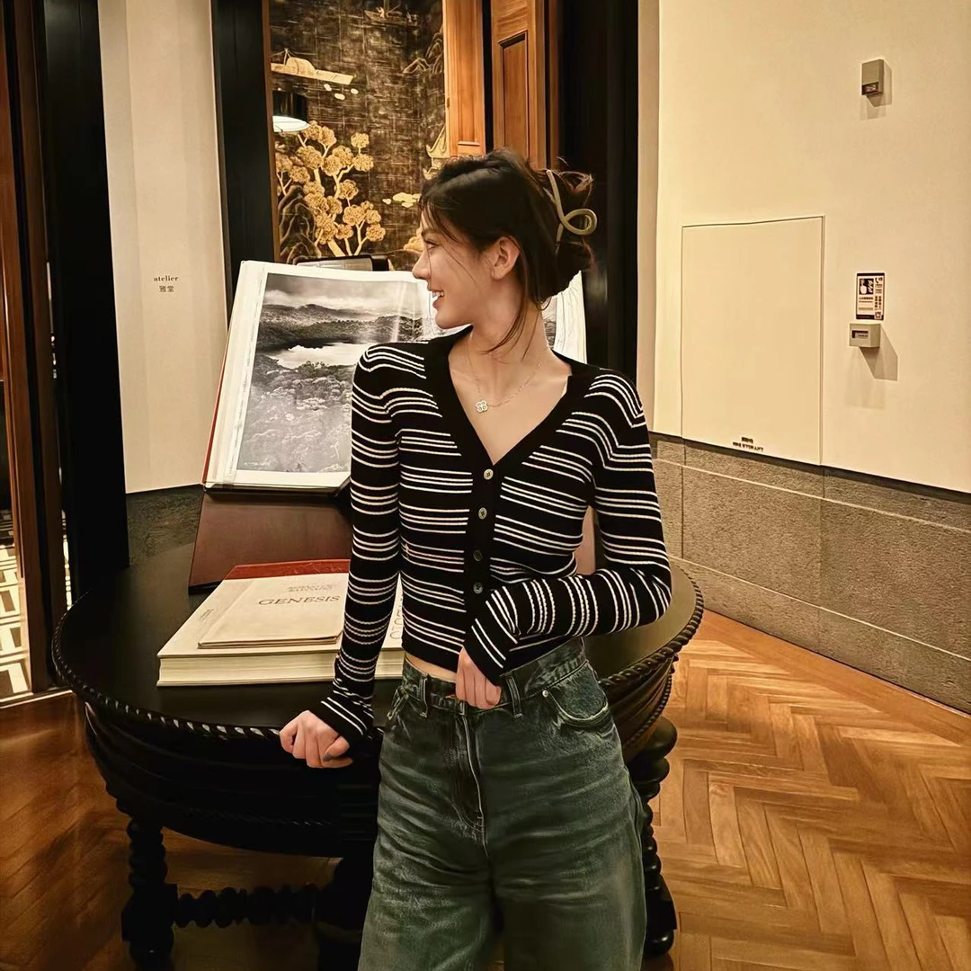 【V领刺绣条纹毛衣】MK24MY704