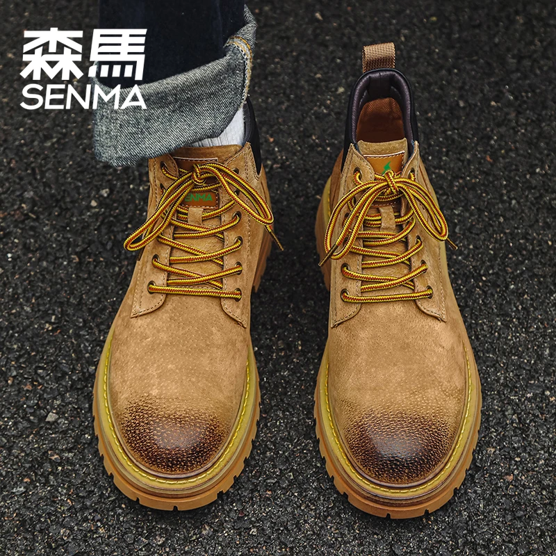 SENMA/森马马丁靴男复古大黄靴加绒真皮中帮英伦工装靴高帮潮短靴