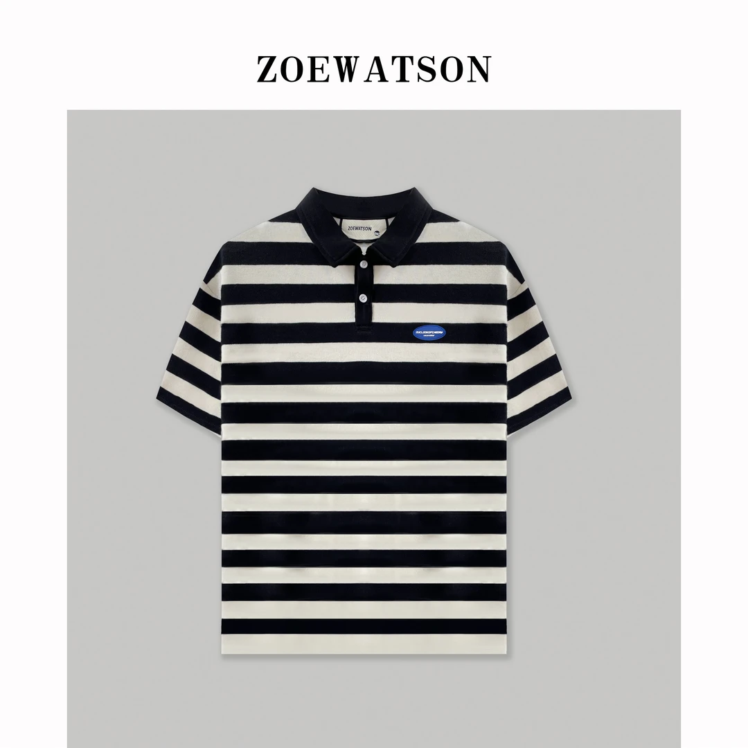 ZOEWATSON短袖上衣polo宽松条纹时尚情侣百搭休闲翻领日系短袖T