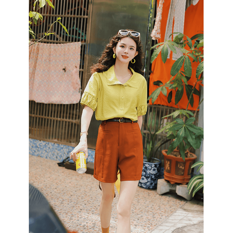 陈佳洁【桂花冷萃】港风复古纯色短袖衬衫女宽松显瘦上衣JU0724242