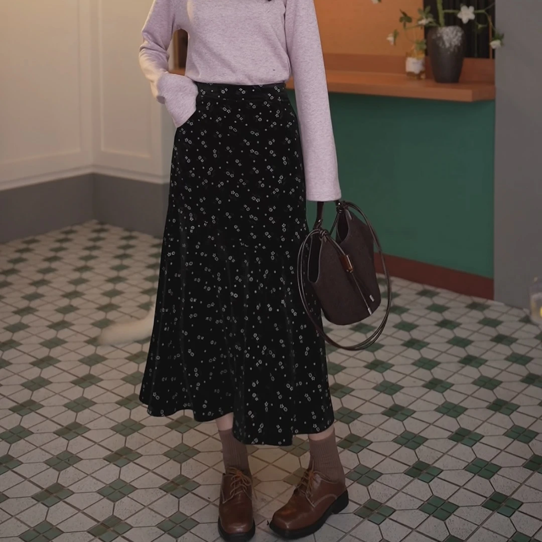 陈佳洁【神秘之夜】港风复古碎花半身裙显瘦高腰百搭裙子JC890837