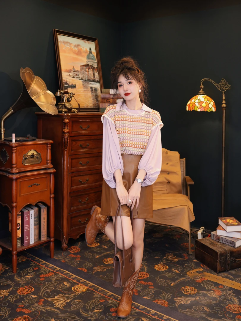 陈佳洁【印象派】港风复古针织马甲短袖女宽松显瘦上衣JR0724243