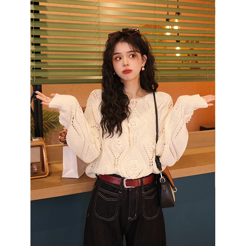 陈大器【奶油蔷薇】港风复古镂空针织宽松毛衣上衣JC081060