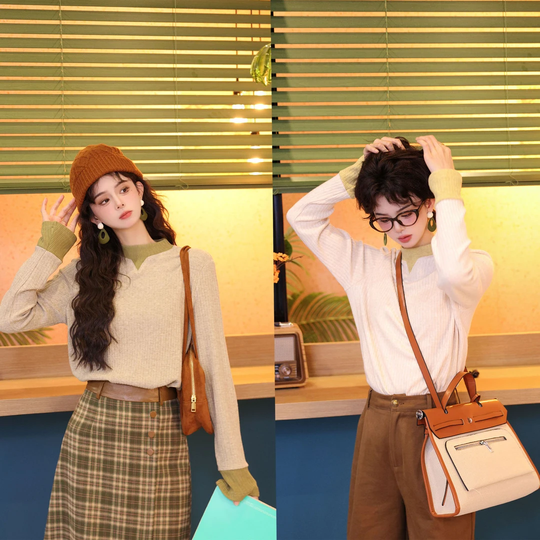 陈佳洁【春水碧波】港风复古长袖百搭针织打底衫JE0706103