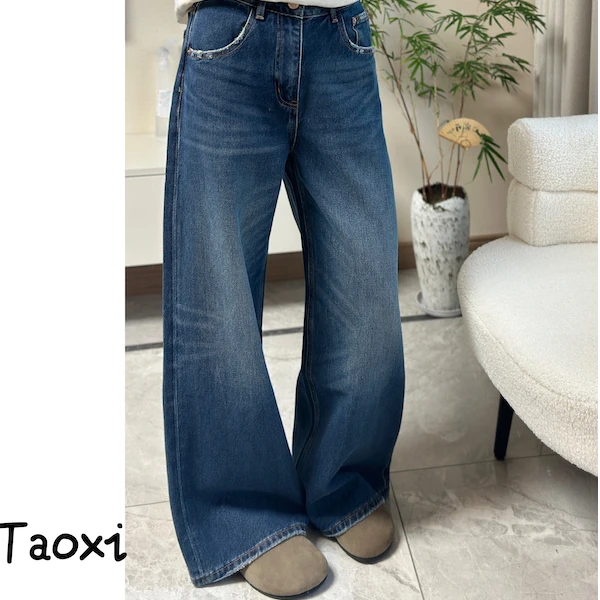 Taoxi【6120】秋季新款蓝色高腰宽松阔拖拖地牛仔长裤水洗显瘦休闲