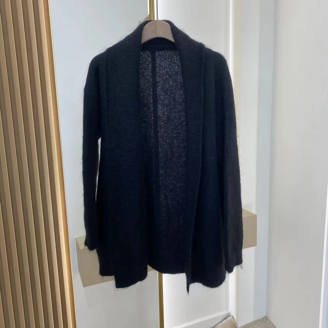 春季新款休闲洋气长袖系带马海毛黑色针织开衫女时尚百搭