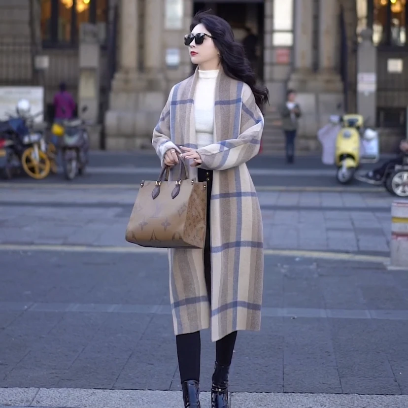 春季新款气质百搭百分百双面羊毛手缝格子大衣外套女长袖