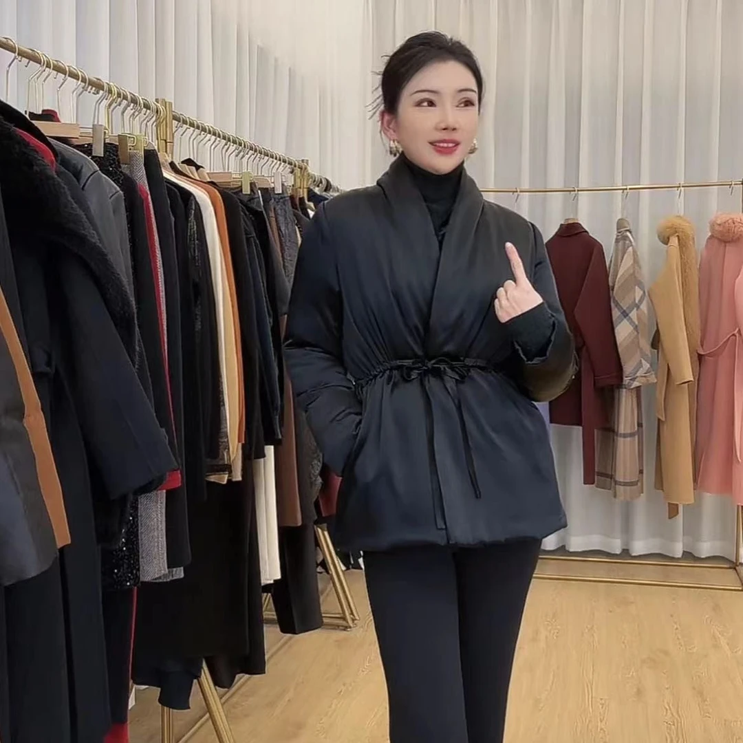 新款进口三醋酸抽绳收腰显瘦时尚简约百搭绑带款鹅绒服731