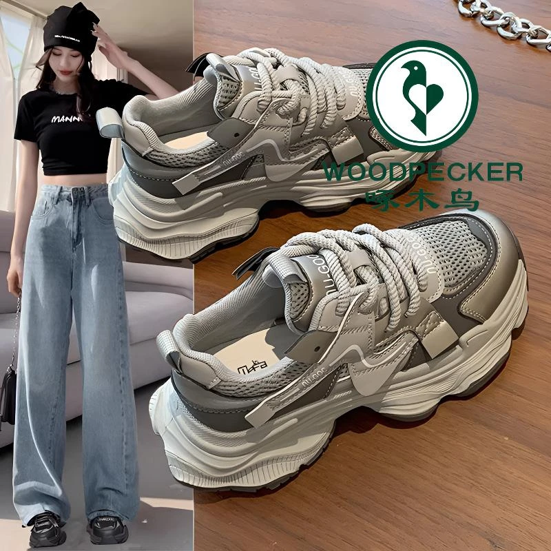 啄木鸟厚底老爹鞋女2025秋新款增高网面双11爆款休闲显脚小运动鞋