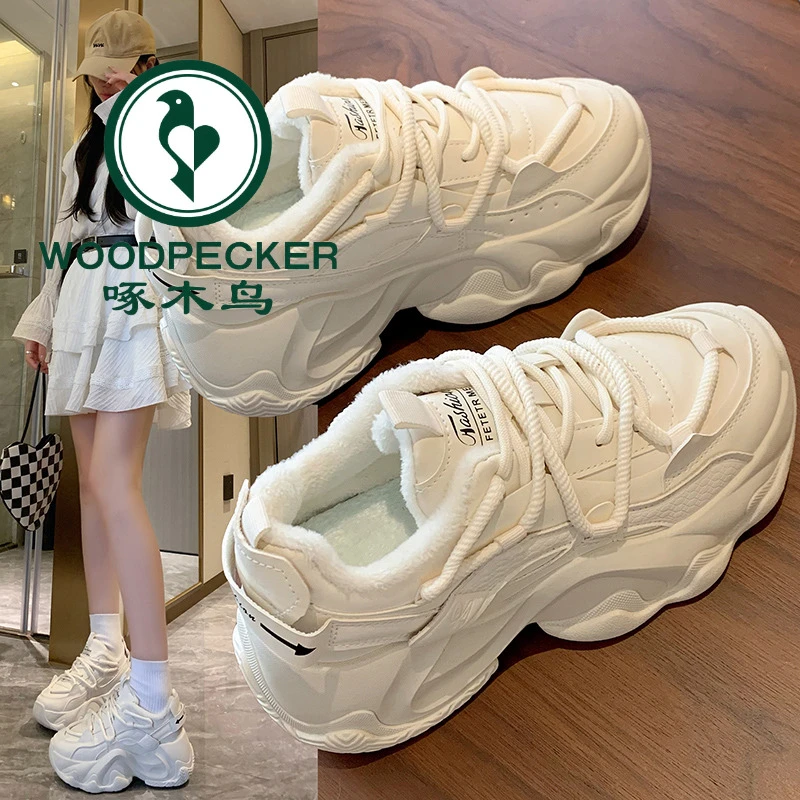 啄木鸟秋冬加绒老爹鞋女2025新款厚底休闲运动鞋女黑色爆款女鞋子