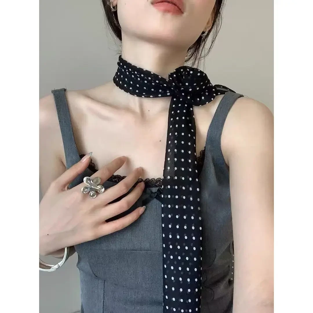 长条波点丝巾网红女爆款百搭黑色围脖飘带细窄高级感洋气时尚