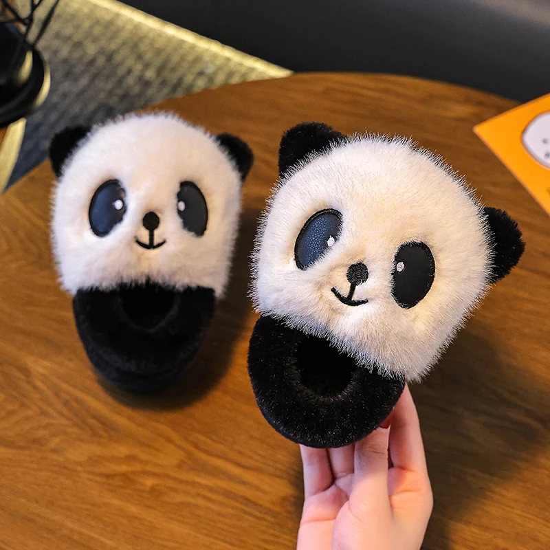 儿童包跟棉鞋冬季卡通可爱爆款熊猫拖鞋小孩子室内加绒厚底棉拖鞋