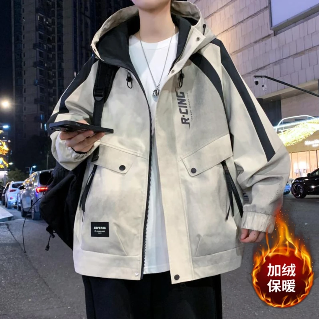 水墨晕染色加绒外套青少年港风拼色夹克百搭连帽宽松时尚外套男