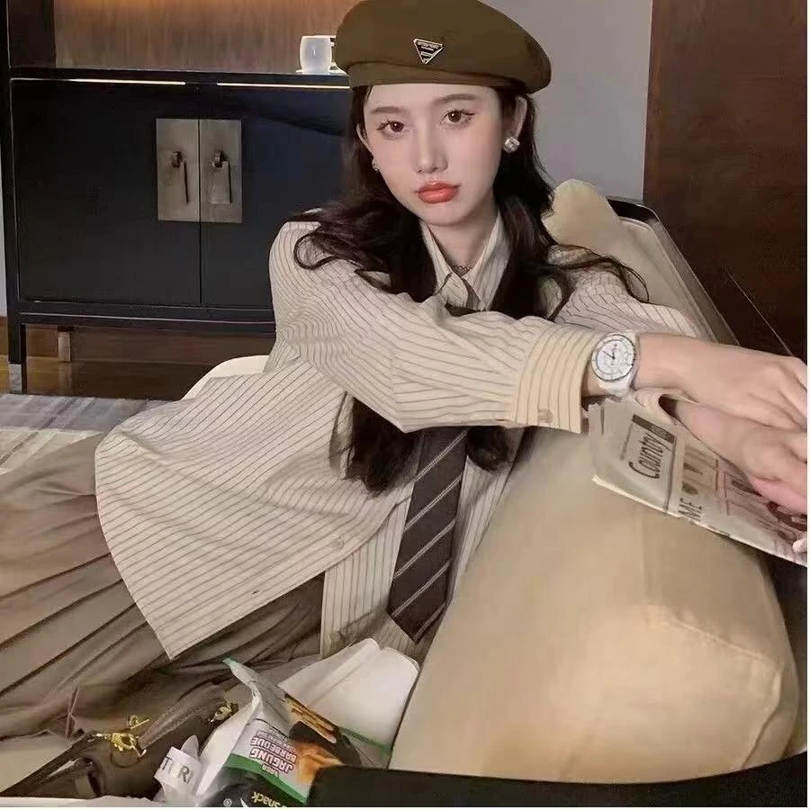 【三件套】美拉德色系别致条纹衬衫卡其百褶裙领带学院风气质套装