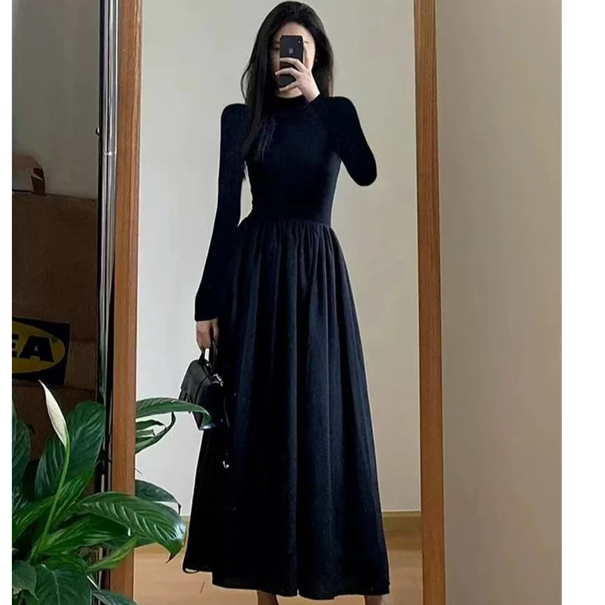 【新款】赫本小黑裙过膝内搭裙打底配大衣法式连衣裙秋冬加厚长款