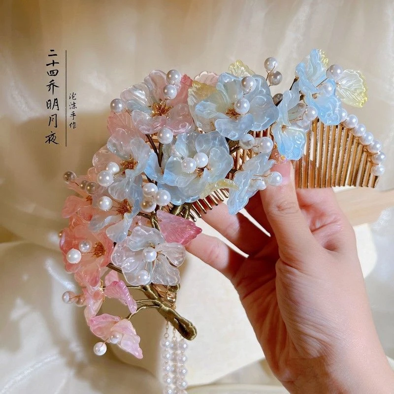 夕颜花复古发梳插梳无柄古风流苏步摇防滑简约盘发甜美时尚优雅