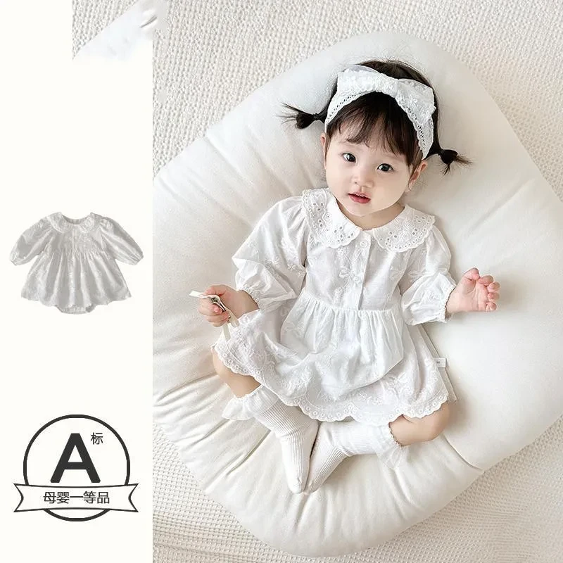 婴儿秋装女连体爬服纯色翻领长袖公主裙宝宝秋季蝴蝶结包屁裙哈衣