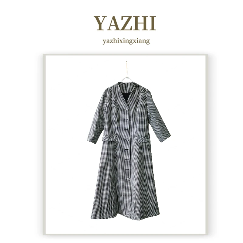 【雅·阳春白雪】黑白格纹赫本复古风格风衣裙