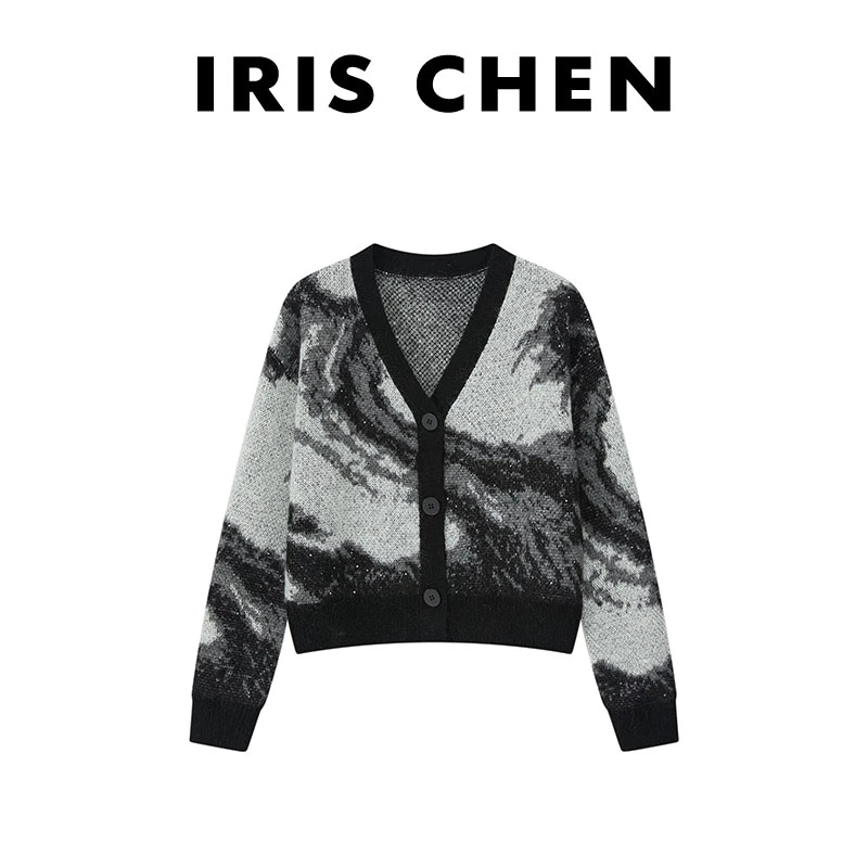 IRIS CHEN 山海经 2024秋新款马海绵羊毛国风水墨针织衫女24WT408