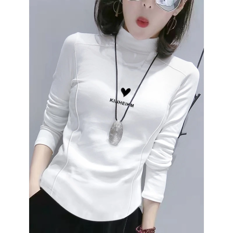 秋冬磨毛白色打底内搭半高领内搭打底T恤棉质加厚长袖打底衫上衣