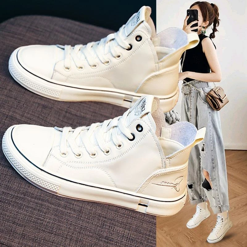 万达撤柜头层牛皮香港高帮鞋女平底白色软底舒适板鞋设计感小白鞋