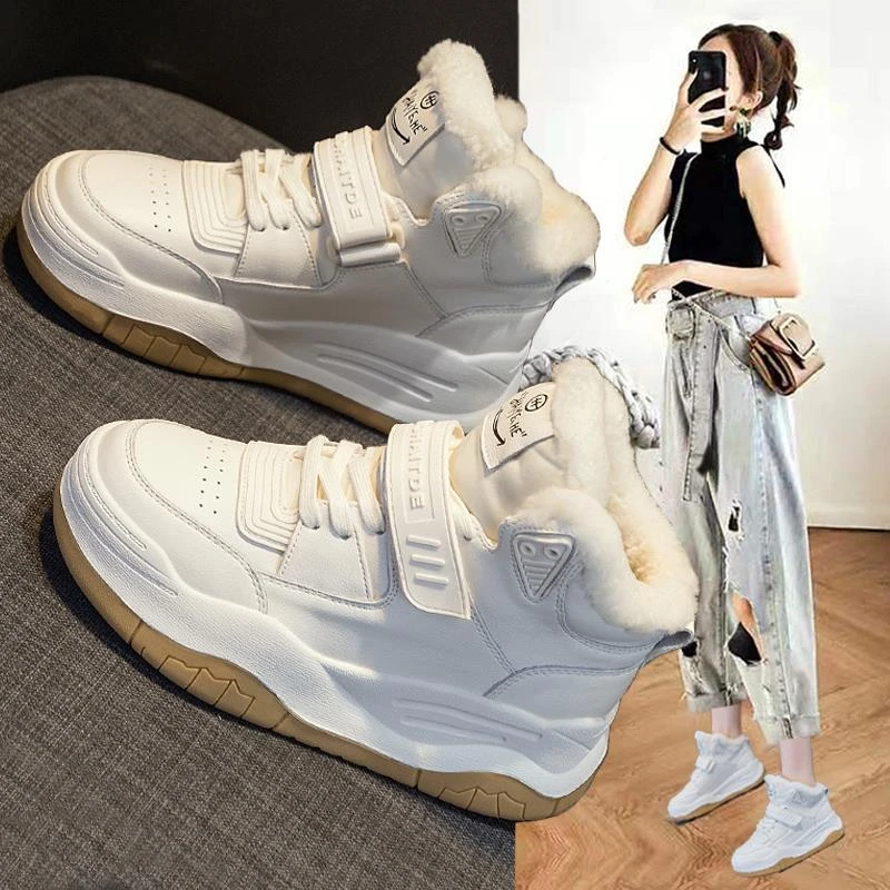 万达撤柜头层牛皮高帮大棉鞋女2025年秋冬加绒运动老爹小白鞋棉鞋