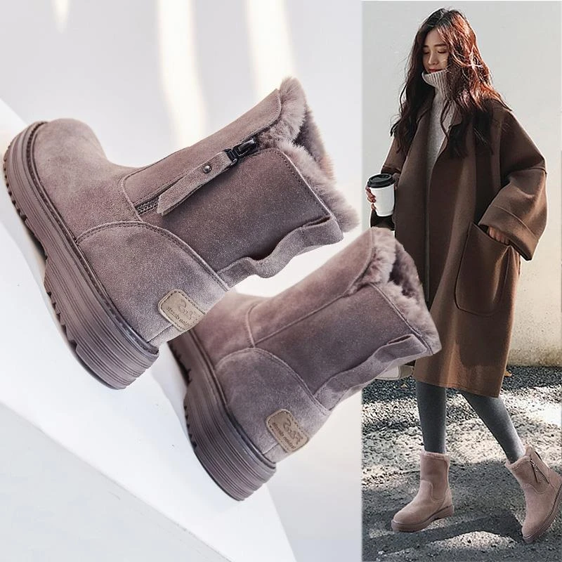 万达撤柜头层牛皮雪地靴女冬季2025加绒厚底保暖防滑棉鞋马丁靴