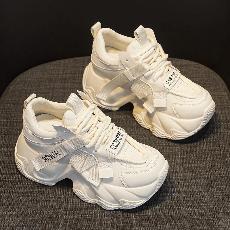 万达撤柜头层牛皮厚底内增高老爹鞋女2025秋冬新款松糕运动小白鞋