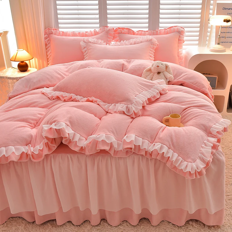 冬季加厚保暖牛奶绒床裙四件套少女心床上用品公主风花边床单被套