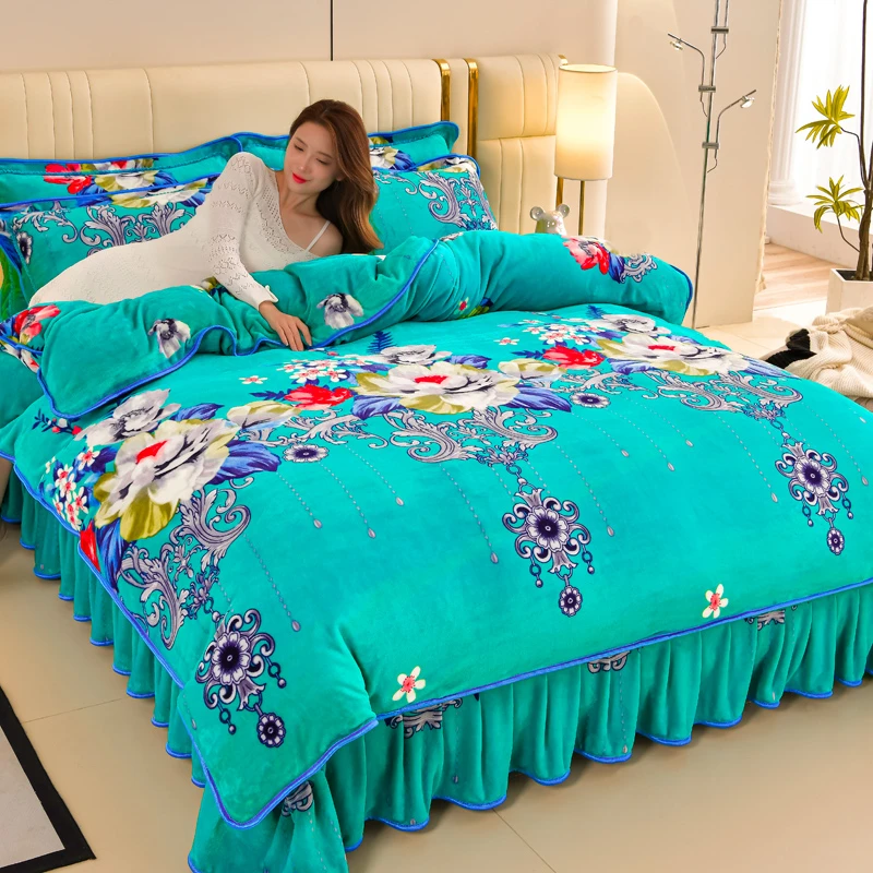 8斤--冬季加厚牛奶绒四件套珊瑚绒保暖被套花边床单被罩加绒毛绒