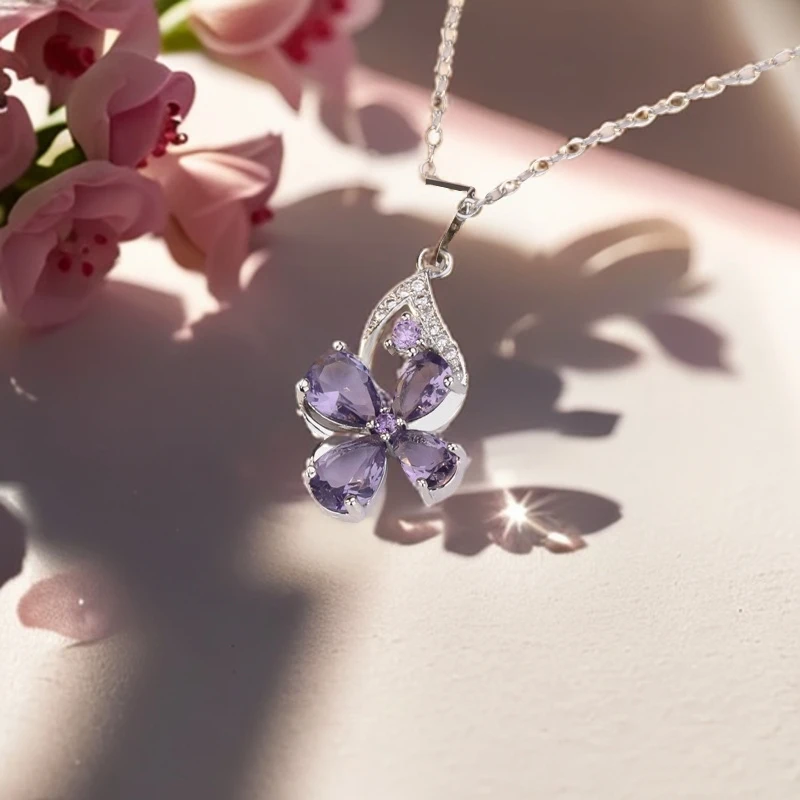吊坠925银合成锆石 四叶草紫水晶镶锆石项链韩版锁骨链吊坠女士