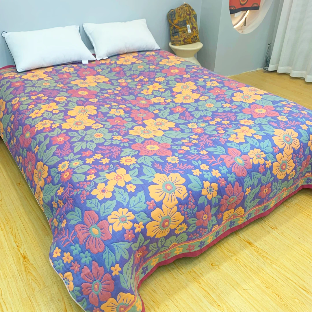 紫色花朵200.230纱布盖毯床盖