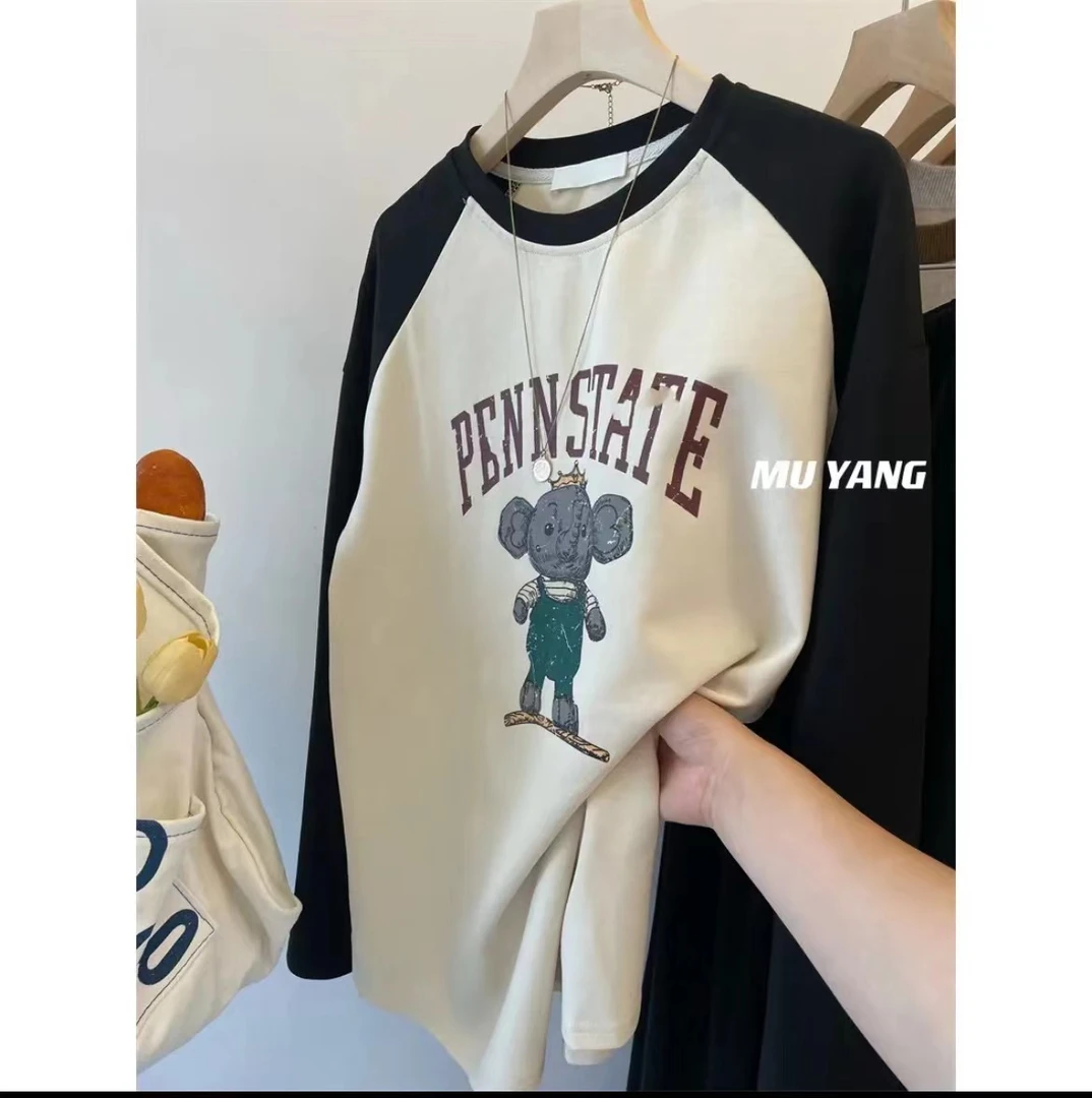 现货纯棉圆领插肩袖宽松显瘦大象卡通长袖拼接T恤女