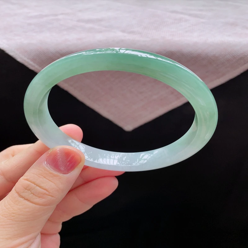 58圈24751冰糯种水晴底飘绿色翡翠镯子正圈玉手环天然A货 a28