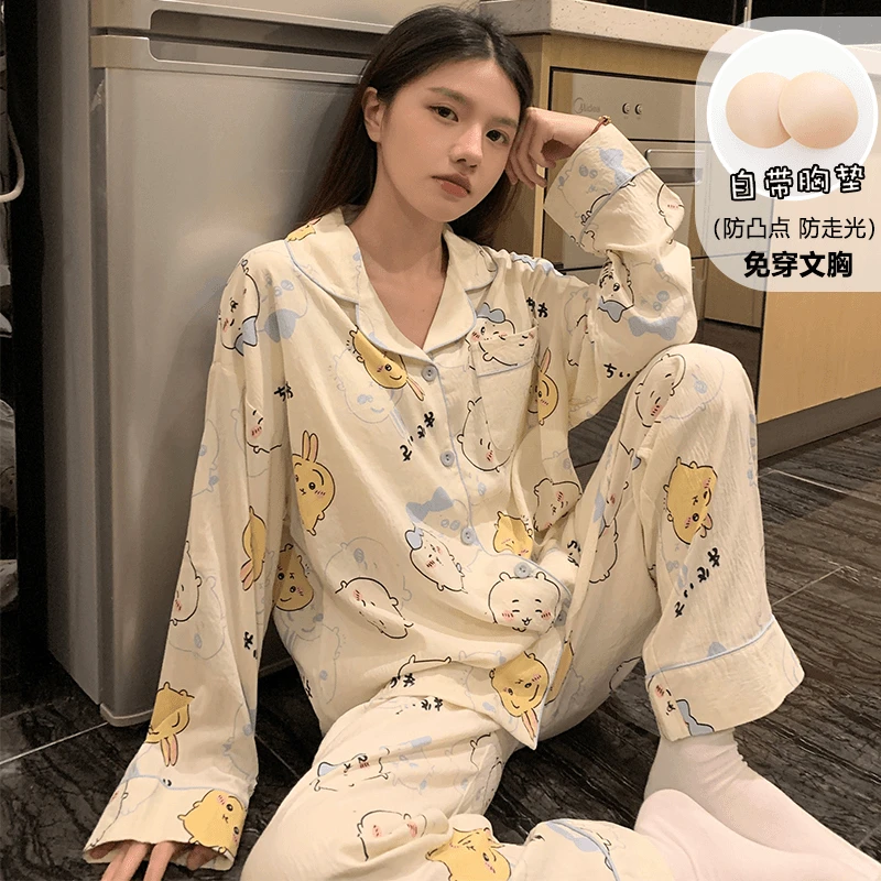 【吉咔哇】带胸垫睡衣女款春秋季长袖乌萨奇吉伊小八宽松家居服套装