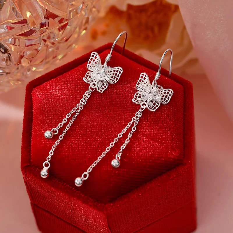 足银耳饰  足银 990 立体花丝蝴蝶结耳钩流苏耳环