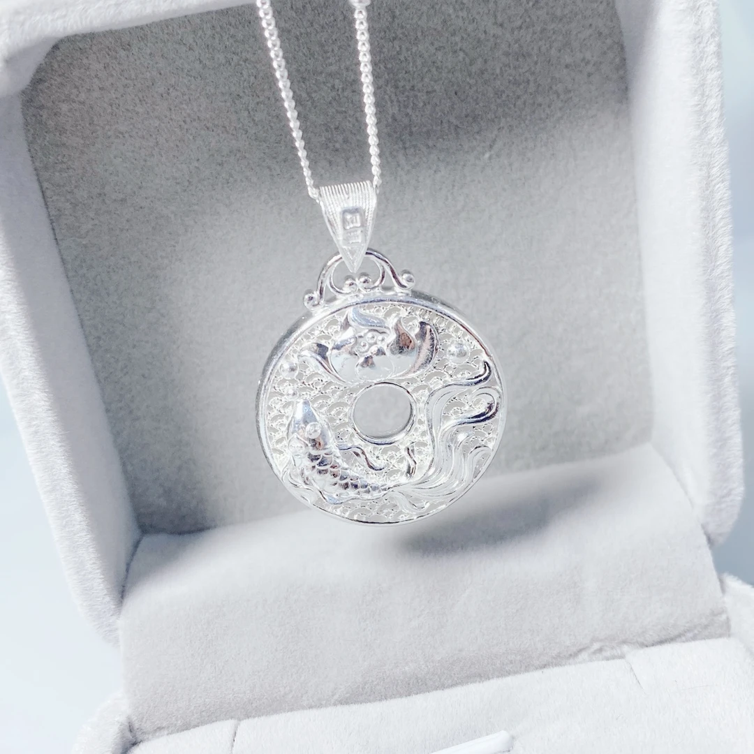 坠链均足银 项链吊坠莲花镂空平安扣