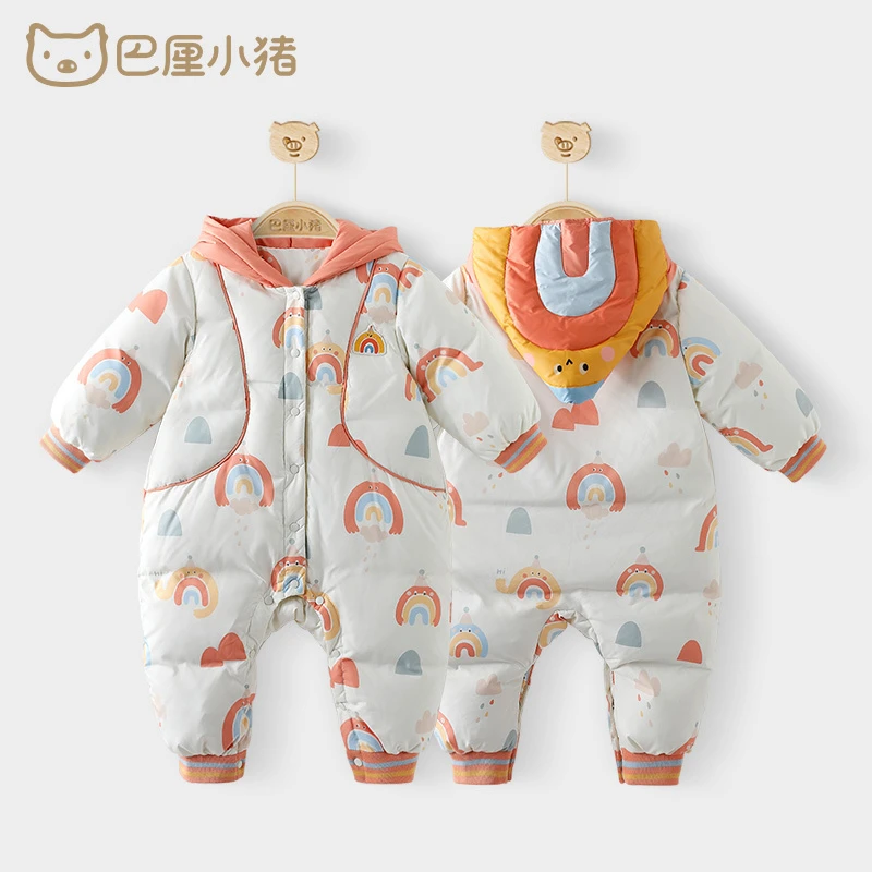 宝宝外出羽绒服冬季保暖白鸭绒新生儿哈衣爬服冬装衣服婴儿连体衣