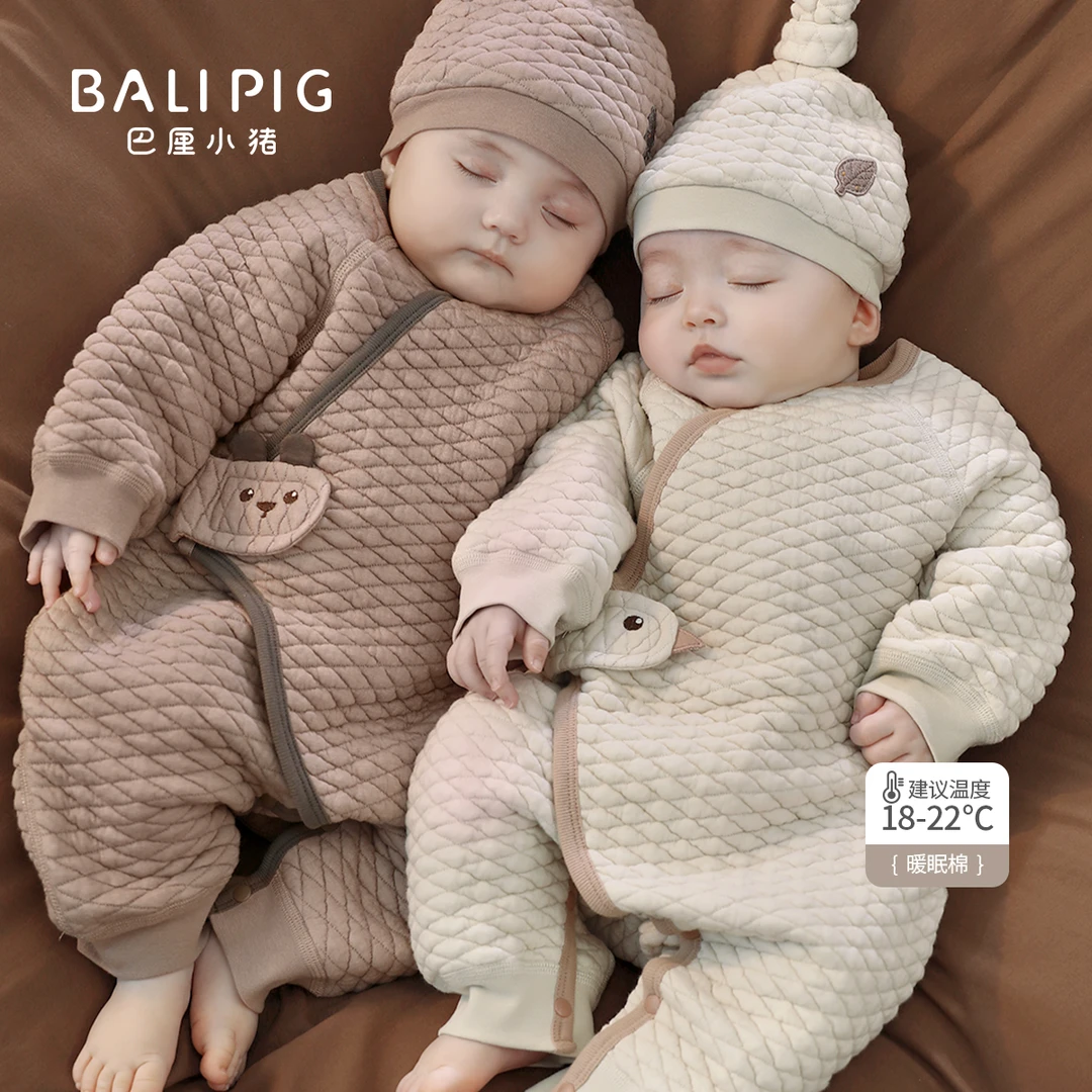 新生婴儿连体衣秋冬季蓄热保暖睡衣加厚夹丝棉发热宝宝哈衣和尚服