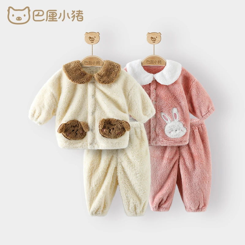 宝宝家居服秋冬保暖内衣套装加绒婴儿衣服加厚两件套儿童睡衣冬季