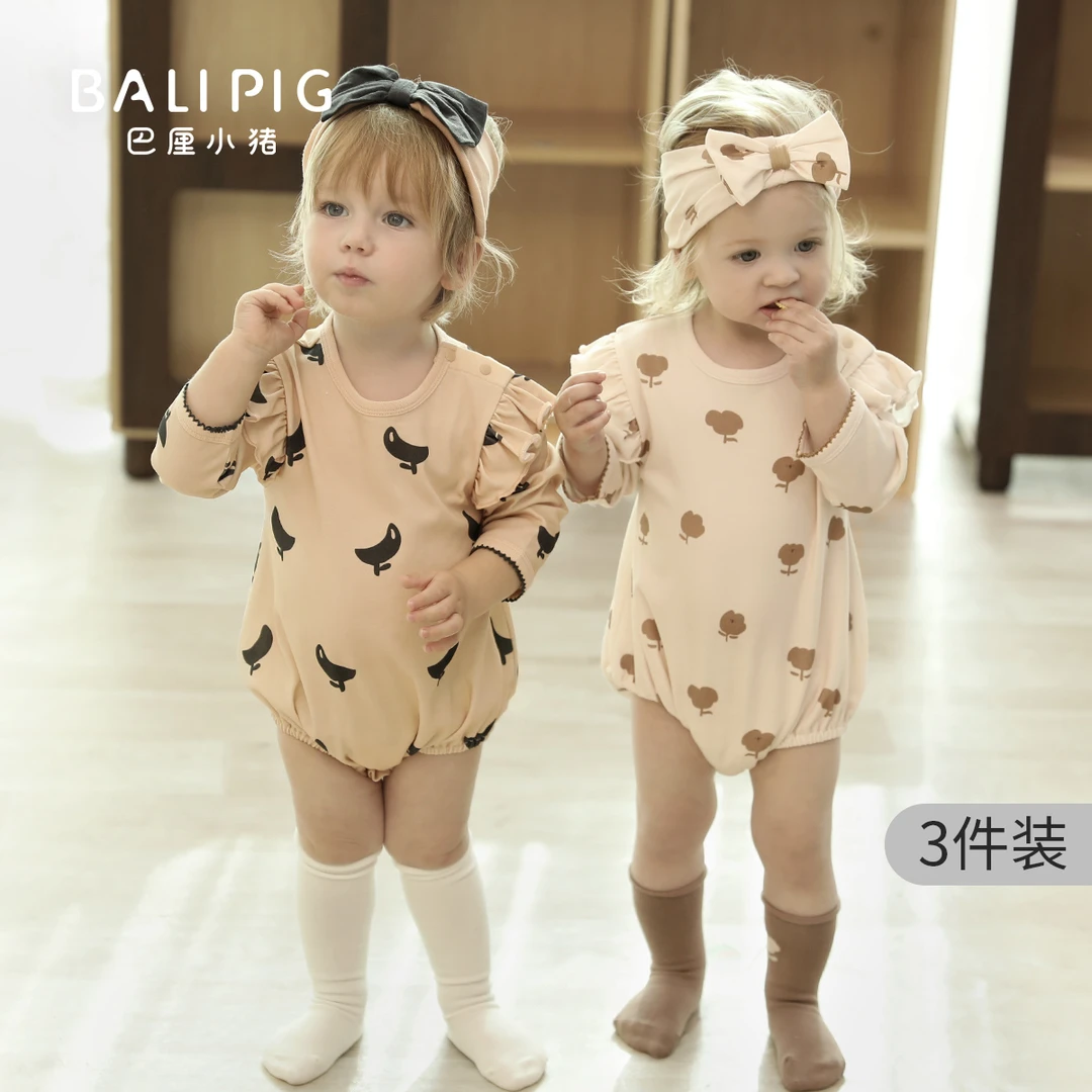 【3件装】宝宝衣服女宝秋季连体衣新生儿三角哈衣爬服婴儿包屁衣