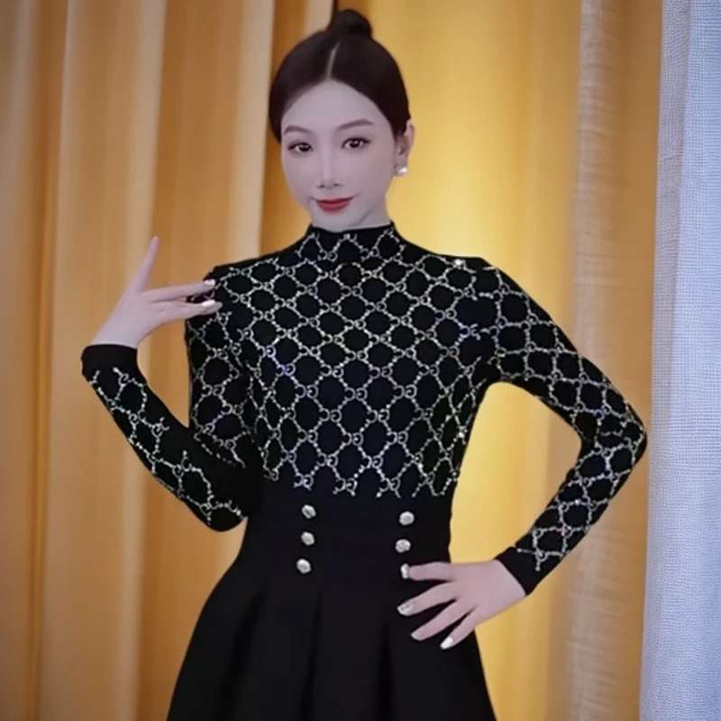 赫本风网红镶钻黑色打底衫女春秋季上档次修身上衣半高领长袖t恤